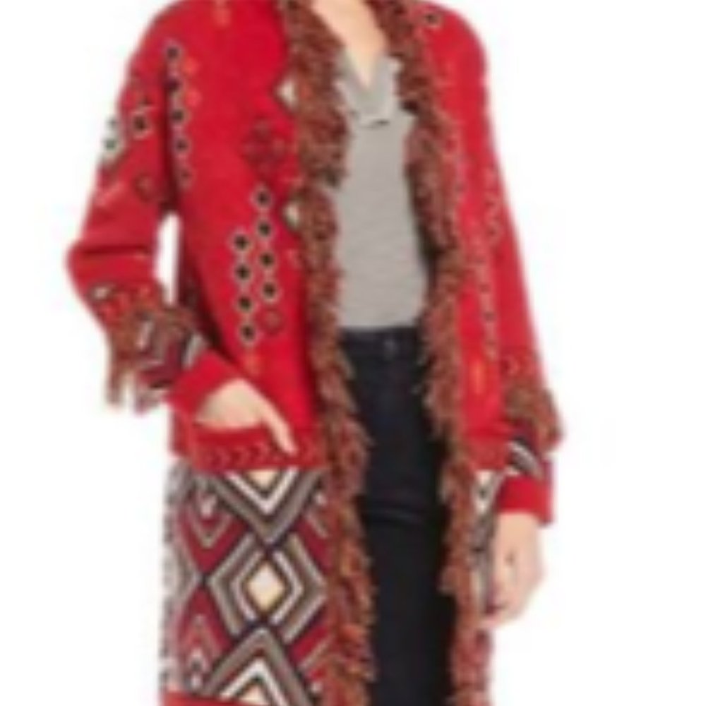 C&V Fringe Detail Diamond Open Front Long Cardigan